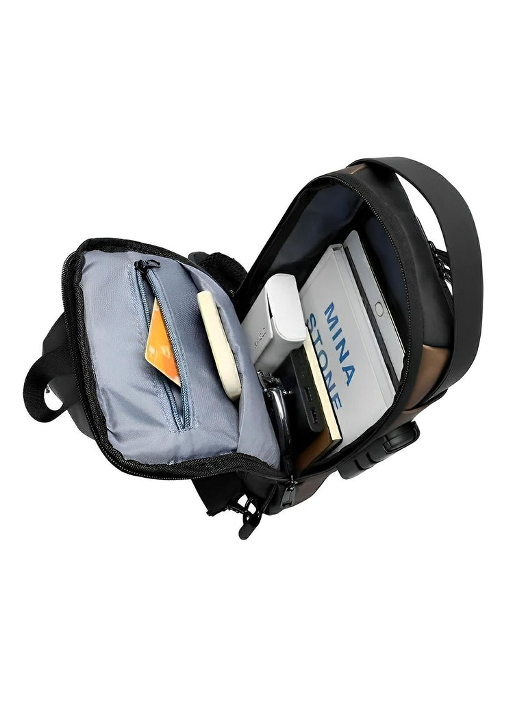 Sac bandoulière antivol compacte et urbain, avec port USB - Sacoche - Marron