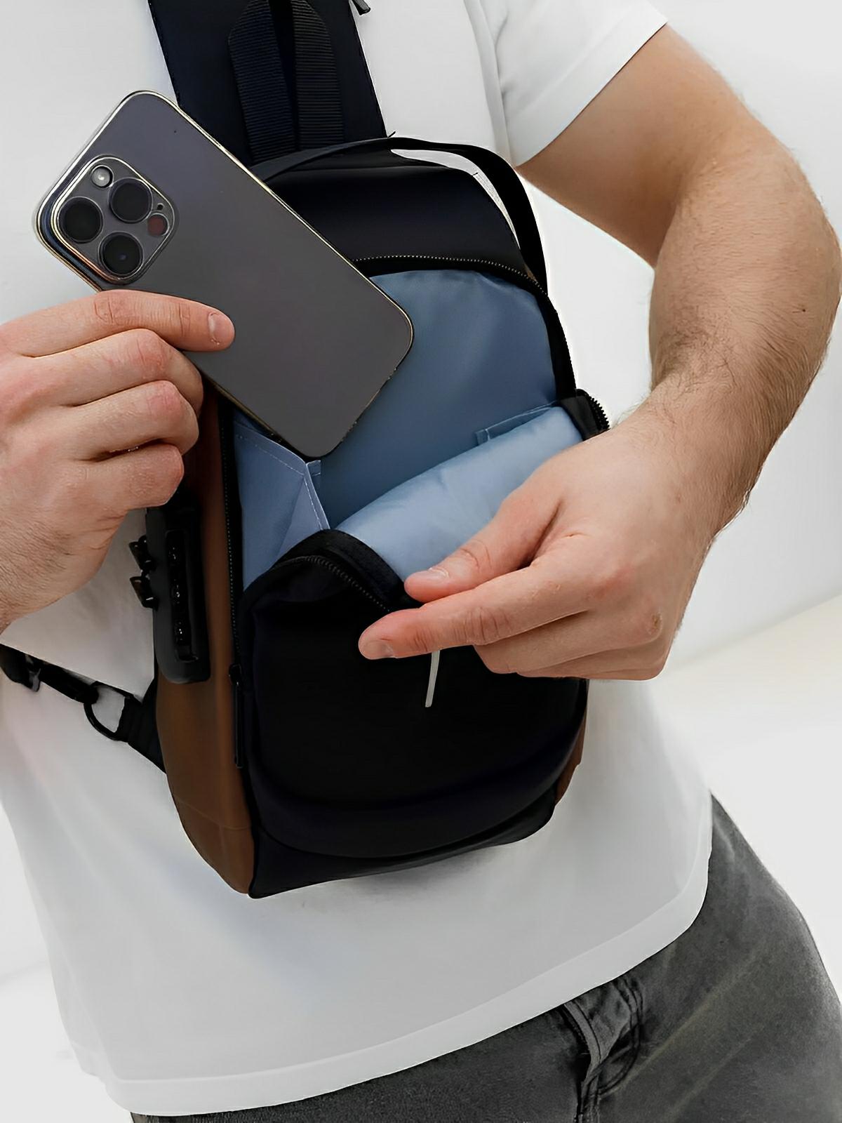 Sac bandoulière antivol compacte et urbain, avec port USB - Sacoche - Marron