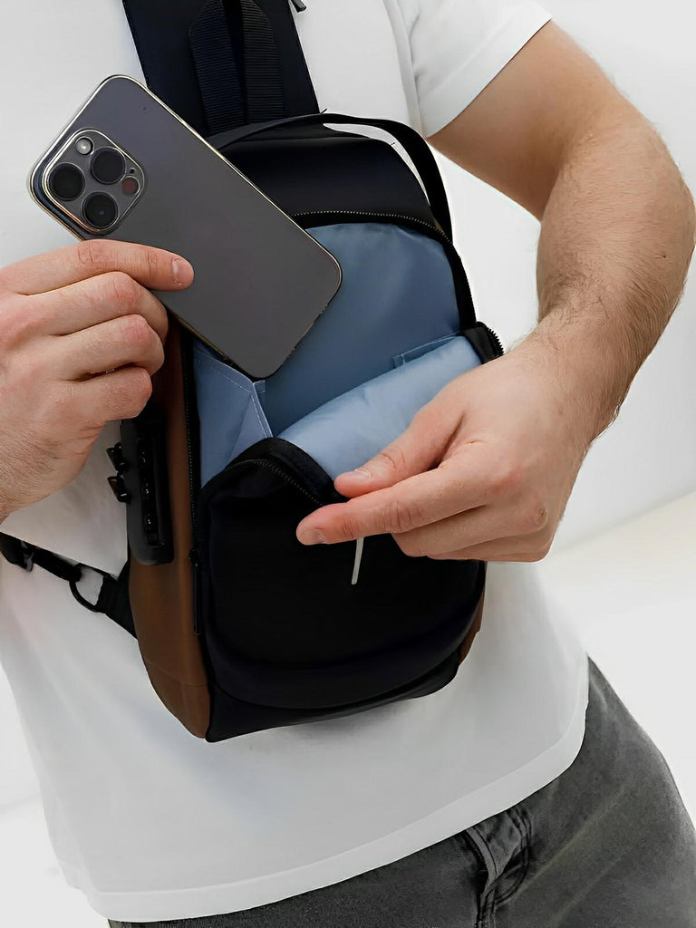 Sac bandoulière antivol compacte et urbain, avec port USB - Sacoche - Marron