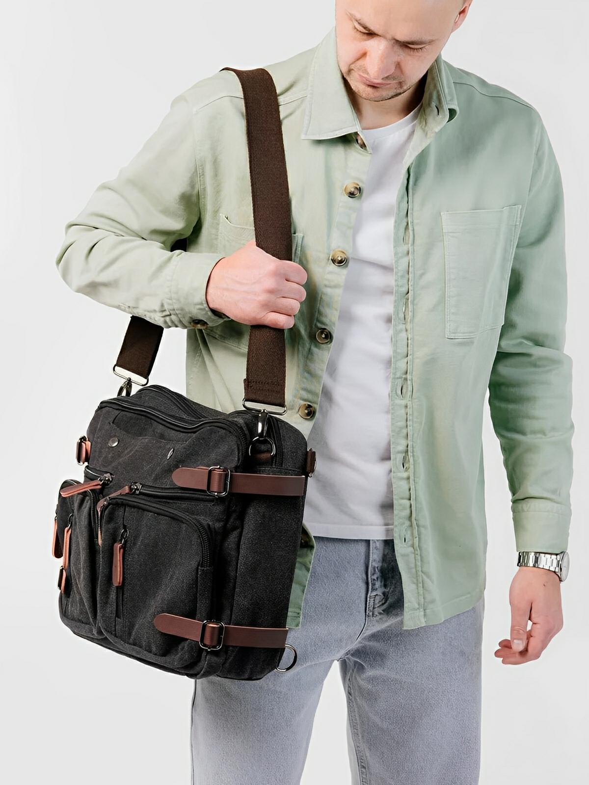 Sac bandoulière convertible en sac à dos, style business en toile canvas, multi - poches, modèle Nolan - Sac Bandoulière - Gris foncé