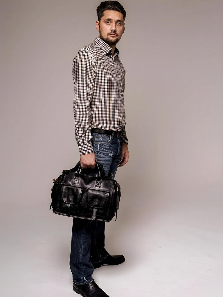 Sac bandoulière cuir, à inspiration postal vintage, modèle Tristan - Sac Bandoulière - Noir