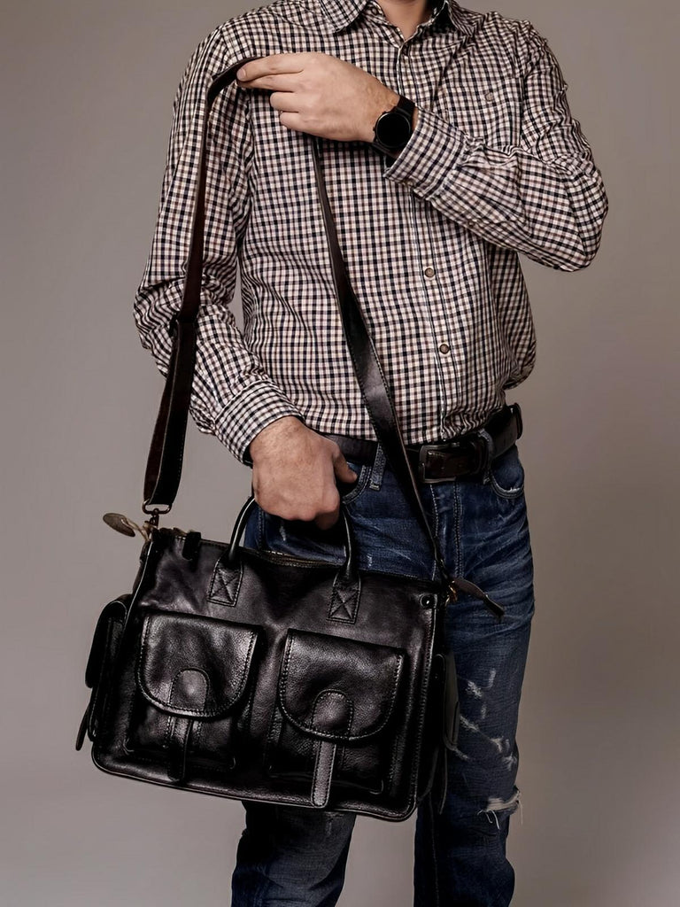 Sac bandoulière cuir, à inspiration postal vintage, modèle Tristan - Sac Bandoulière - Noir