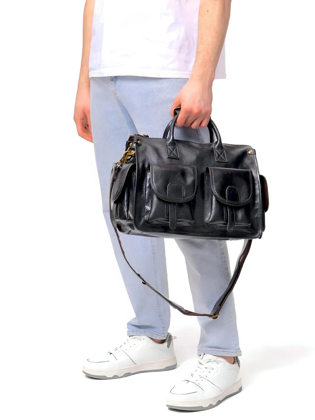 Sac bandoulière cuir, à inspiration postal vintage, modèle Tristan - Sac Bandoulière - Noir