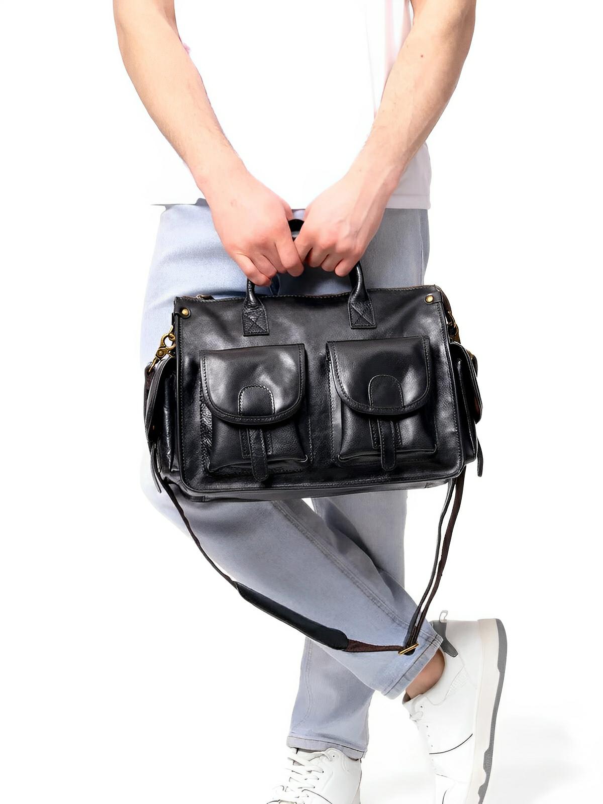 Sac bandoulière cuir, à inspiration postal vintage, modèle Tristan - Sac Bandoulière - Noir