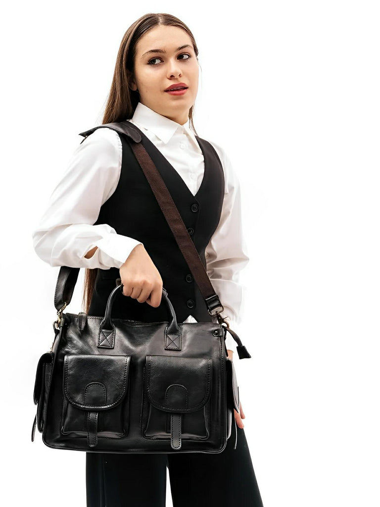 Sac bandoulière cuir, à inspiration postal vintage, modèle Tristan - Sac Bandoulière - Noir