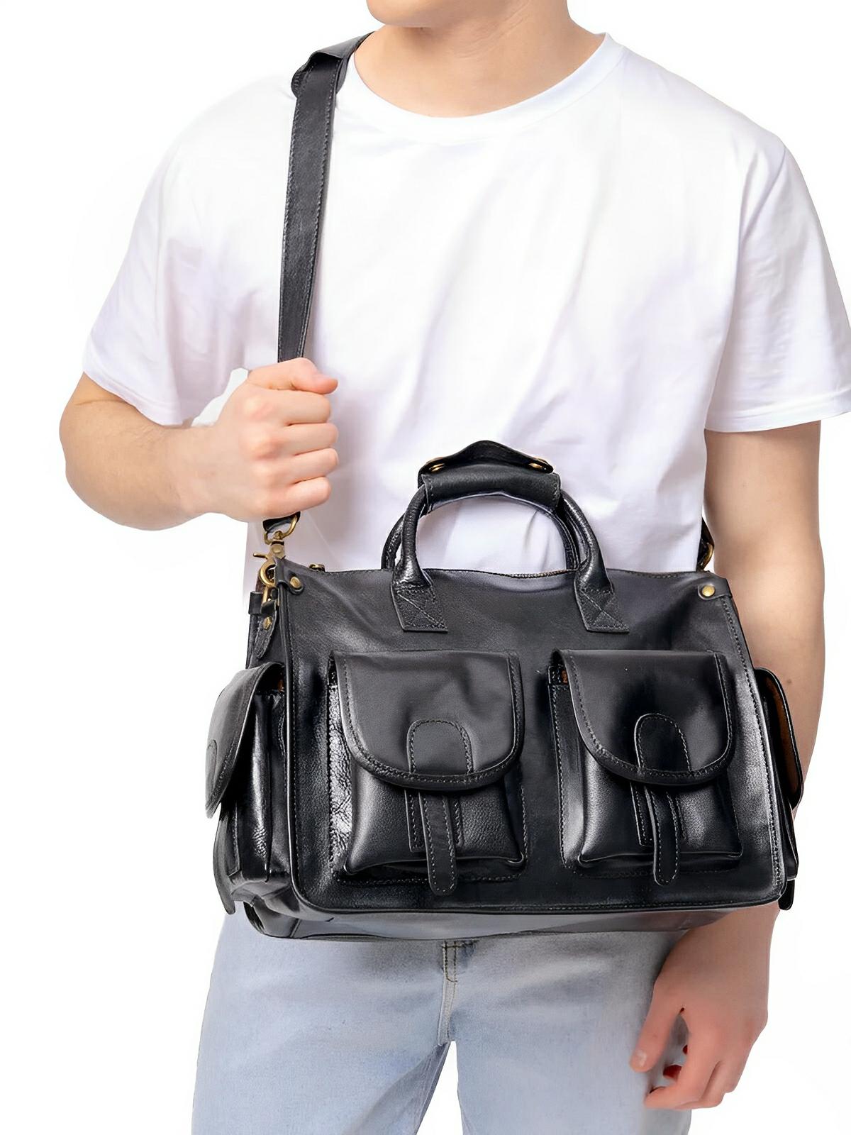Sac bandoulière cuir, à inspiration postal vintage, modèle Tristan - Sac Bandoulière - Noir