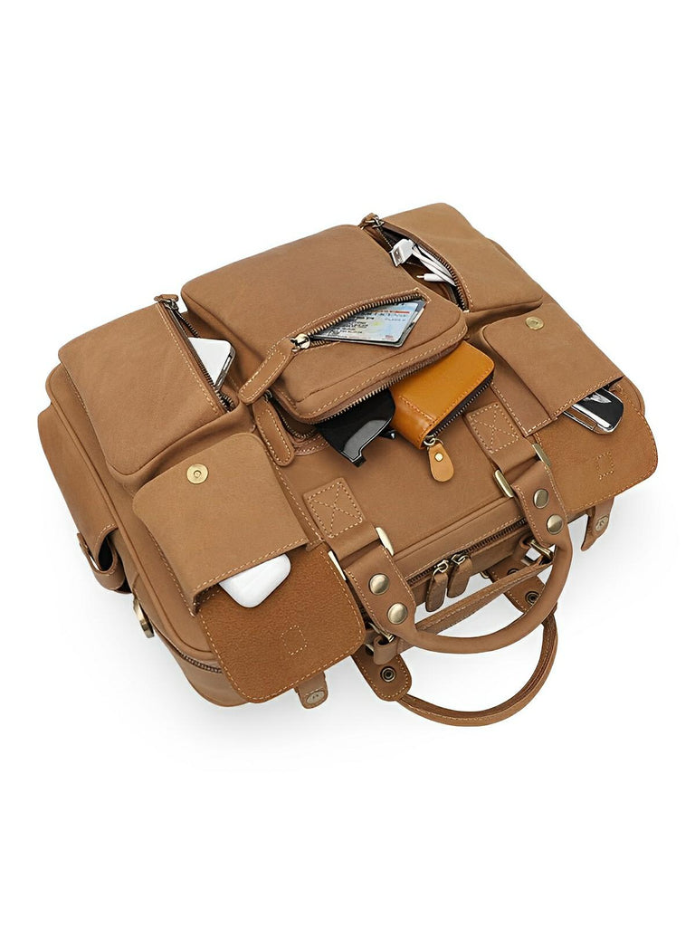 Sac bandoulière en cuir, grande taille, multi - poches, modèle Gaspard - Sac Bandoulière - Camel
