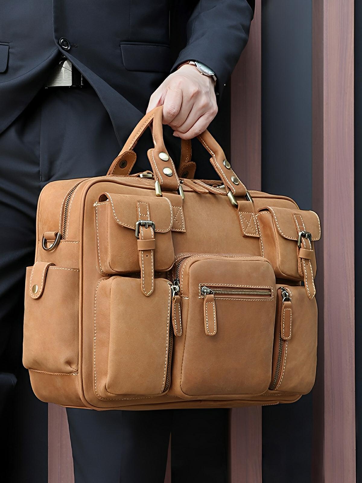 Sac bandoulière en cuir, grande taille, multi - poches, modèle Gaspard - Sac Bandoulière - Camel