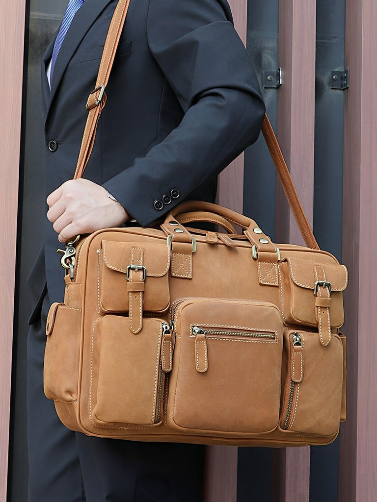 Sac bandoulière en cuir, grande taille, multi - poches, modèle Gaspard - Sac Bandoulière - Camel