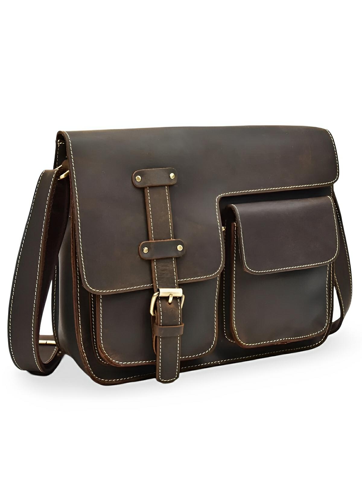 Sac bandoulière en cuir véritable au design urbain, grande capacité, idéal pour iPad et documents A4, modèle Drogo - Sac Bandoulière - Café