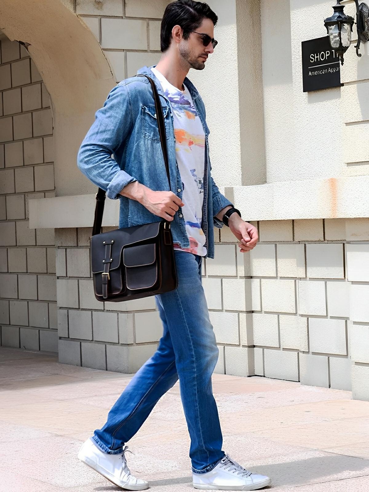 Sac bandoulière en cuir véritable au design urbain, grande capacité, idéal pour iPad et documents A4, modèle Drogo - Sac Bandoulière - Café