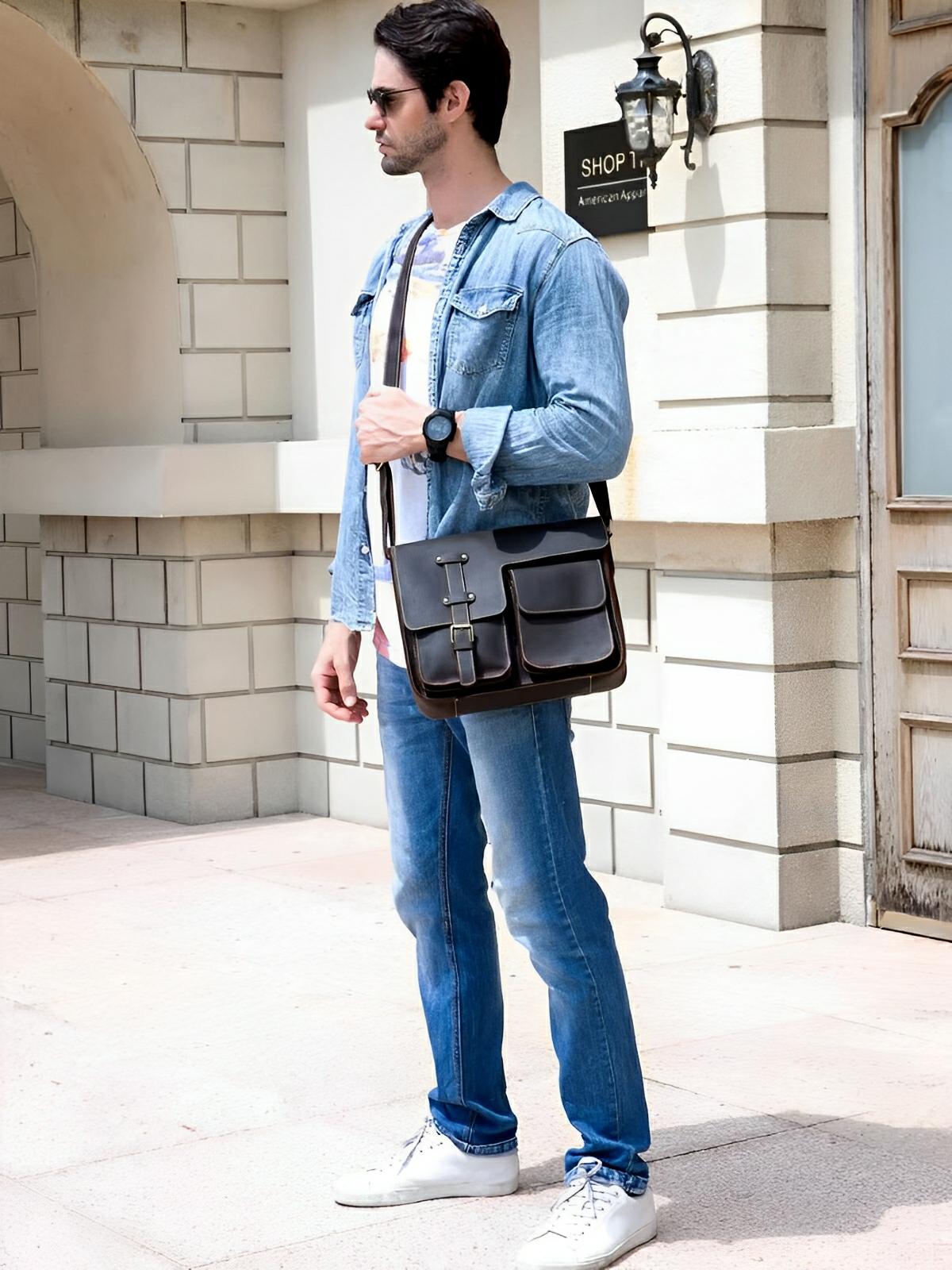 Sac bandoulière en cuir véritable au design urbain, grande capacité, idéal pour iPad et documents A4, modèle Drogo - Sac Bandoulière - Café