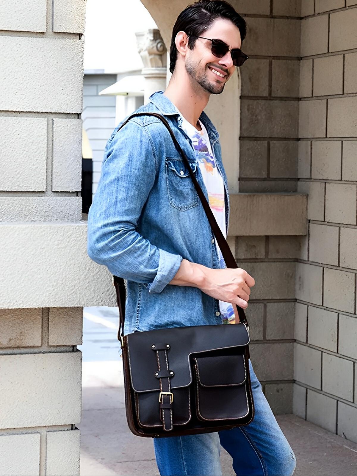 Sac bandoulière en cuir véritable au design urbain, grande capacité, idéal pour iPad et documents A4, modèle Drogo - Sac Bandoulière - Café