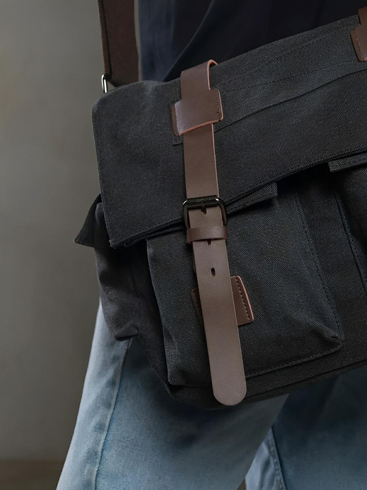 Sac bandoulière en toile et simili vegan, réglable, à usage quotidien, modèle Pascalin - Sac Bandoulière - Noir