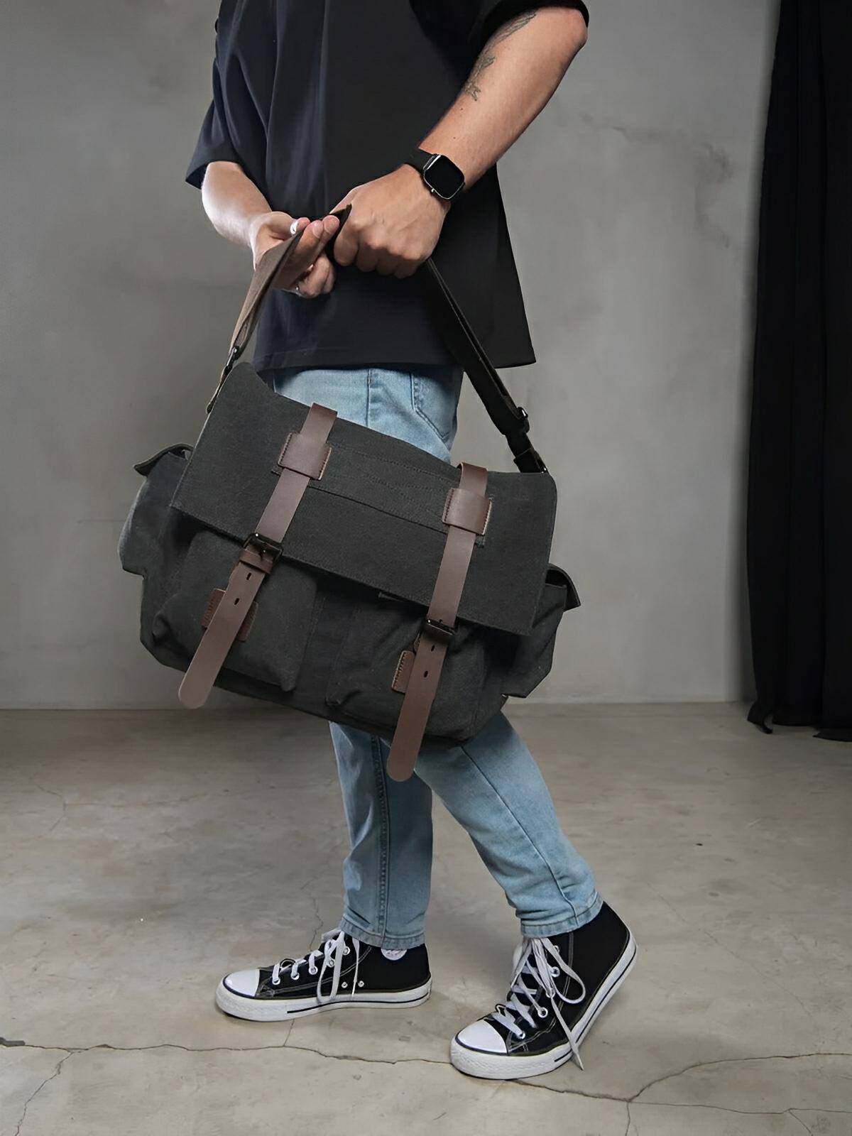 Sac bandoulière en toile et simili vegan, réglable, à usage quotidien, modèle Pascalin - Sac Bandoulière - Noir