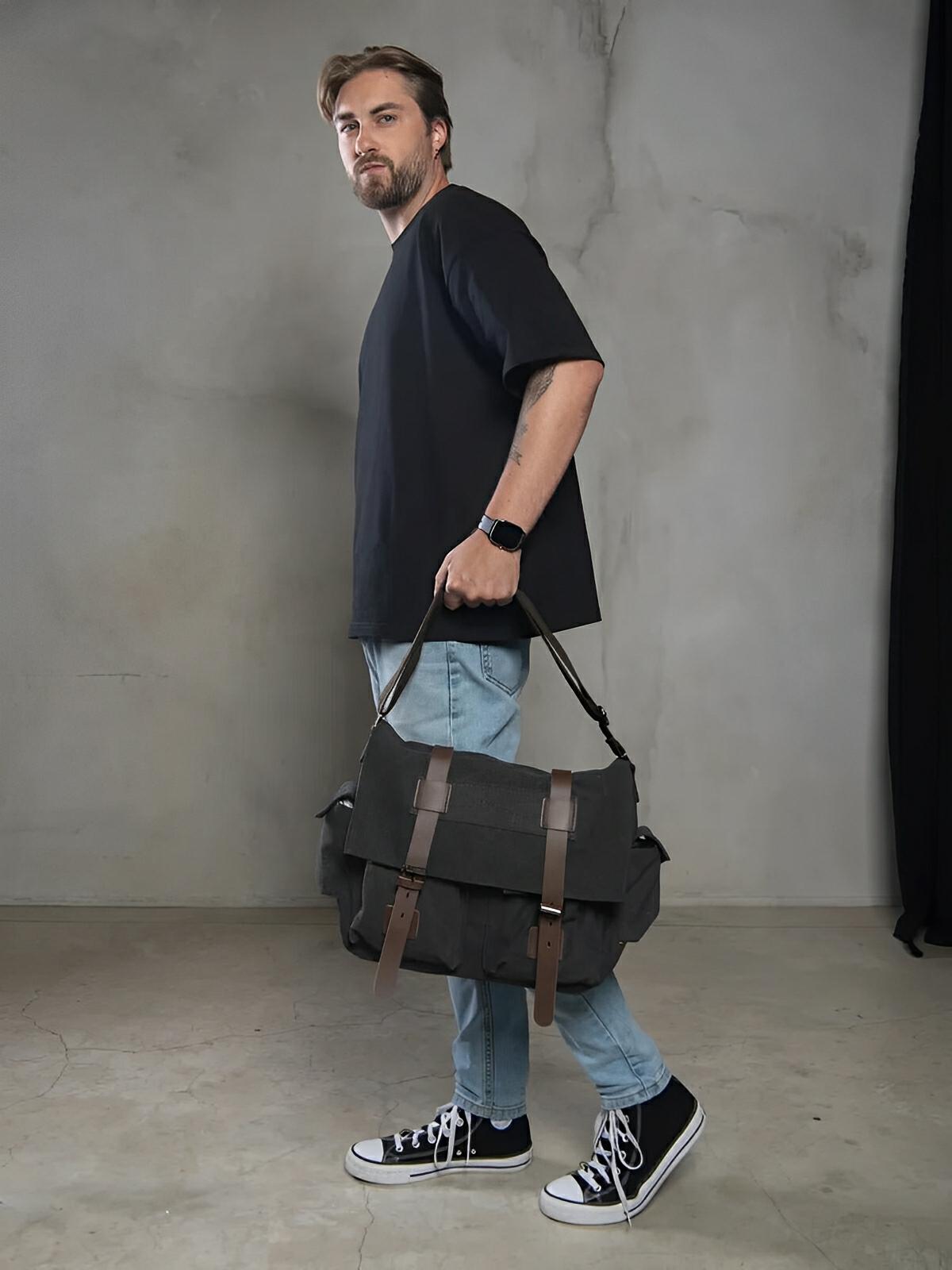 Sac bandoulière en toile et simili vegan, réglable, à usage quotidien, modèle Pascalin - Sac Bandoulière - Noir