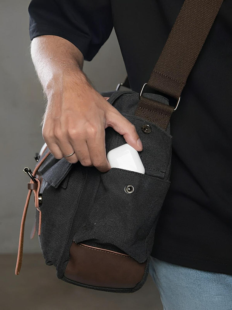 Sac bandoulière en toile et simili vegan, réglable, à usage quotidien, modèle Pascalin - Sac Bandoulière - Noir