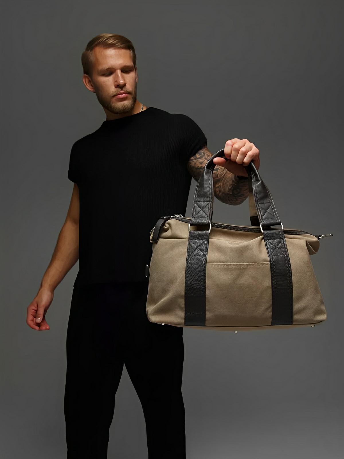 Sac bandoulière en toile, unisexe, grand sac week - end, bandoulière réglable, multi - fonctions, modèle Iman - Sac Bandoulière - Beige