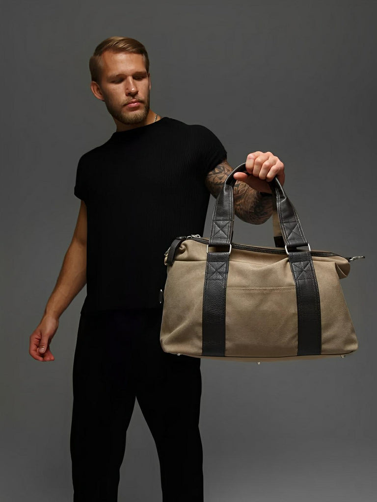 Sac bandoulière en toile, unisexe, grand sac week - end, bandoulière réglable, multi - fonctions, modèle Iman - Sac Bandoulière - Beige