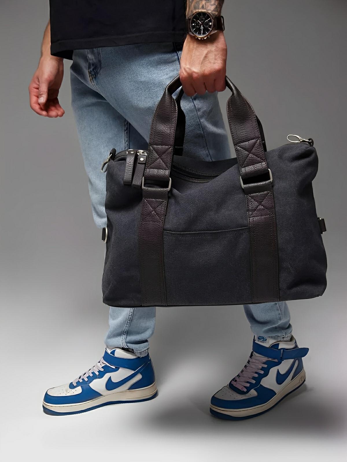 Sac bandoulière en toile, unisexe, grand sac week - end, bandoulière réglable, multi - fonctions, modèle Iman - Sac Bandoulière - Gris foncé