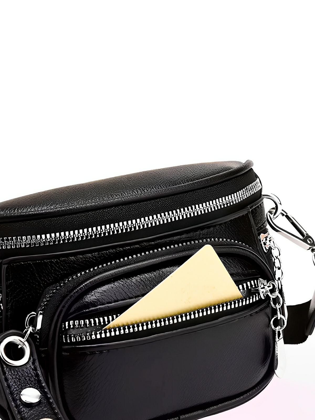 Sac bandoulière femme, design minimaliste, en simili vegan, 3 compartiments, déperlant, porté épaule et travers, modèle Jenna - Sac Bandoulière - Noir
