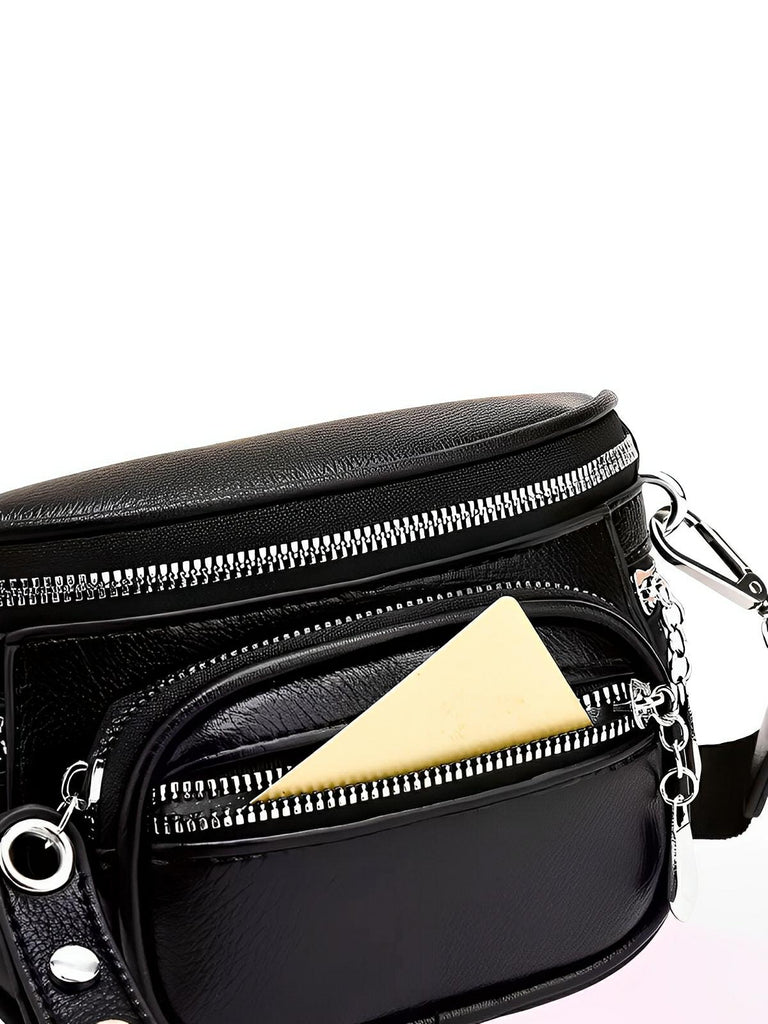 Sac bandoulière femme, design minimaliste, en simili vegan, 3 compartiments, déperlant, porté épaule et travers, modèle Jenna - Sac Bandoulière - Noir
