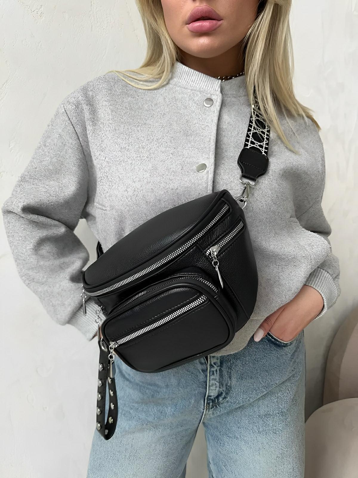 Sac bandoulière femme, design minimaliste, en simili vegan, 3 compartiments, déperlant, porté épaule et travers, modèle Jenna - Sac Bandoulière - Noir