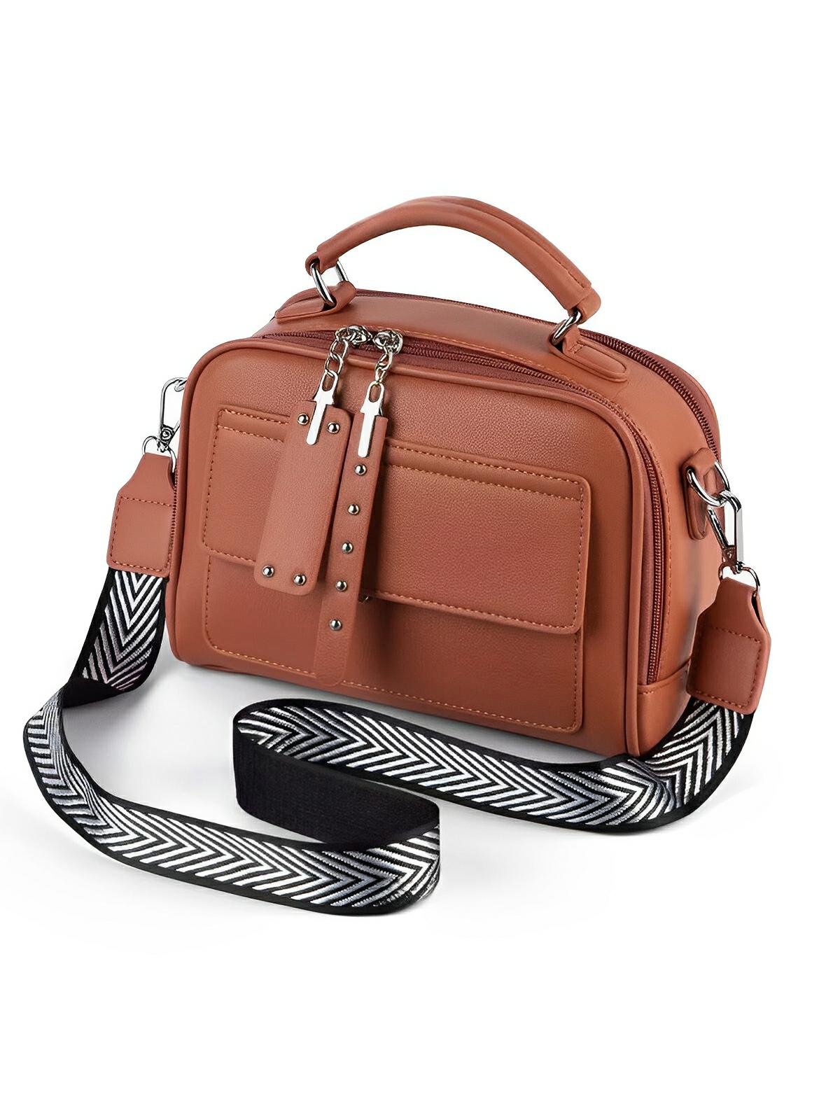 Sac bandoulière femme, grand format, simili vegan, poches multiples, bandoulières interchangeables, zip sécurisé, style moderne, modèle Karina - Sac Bandoulière - Marron