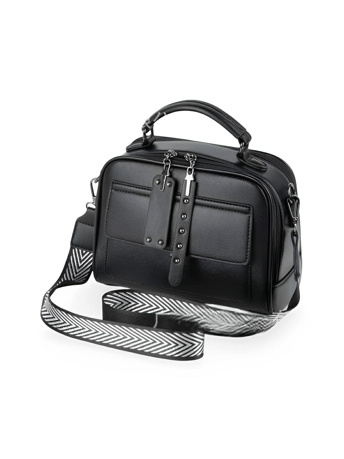 Sac bandoulière femme, grand format, simili vegan, poches multiples, bandoulières interchangeables, zip sécurisé, style moderne, modèle Karina - Sac Bandoulière - Noir