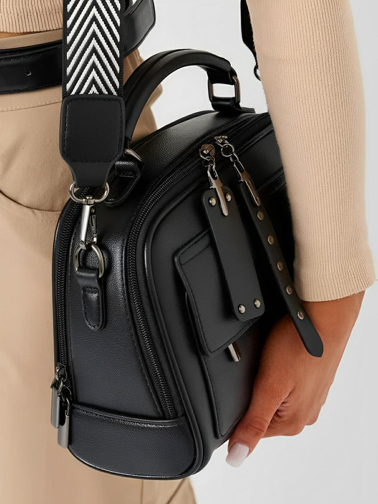 Sac bandoulière femme, grand format, simili vegan, poches multiples, bandoulières interchangeables, zip sécurisé, style moderne, modèle Karine - Sac Bandoulière - Noir