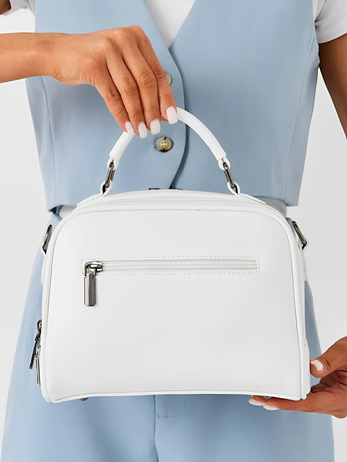 Sac bandoulière femme, grand format, simili vegan, poches multiples, bandoulières interchangeables, zip sécurisé, style moderne, modèle Karine - Sac Bandoulière - Blanc