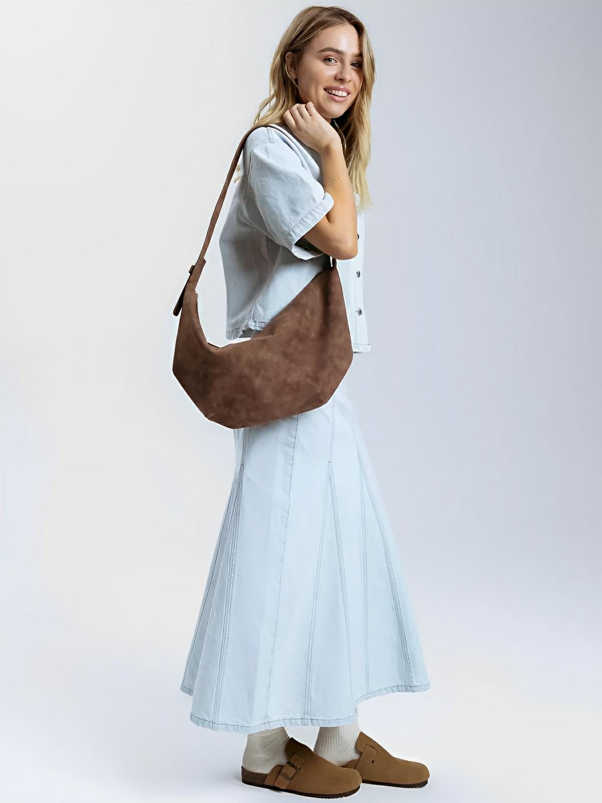 Sac Bandoulière hobo femme, grand sac épaule, style vintage, effet suédé, porté travers, modèle Jennifer - Sac Bandoulière - Marron
