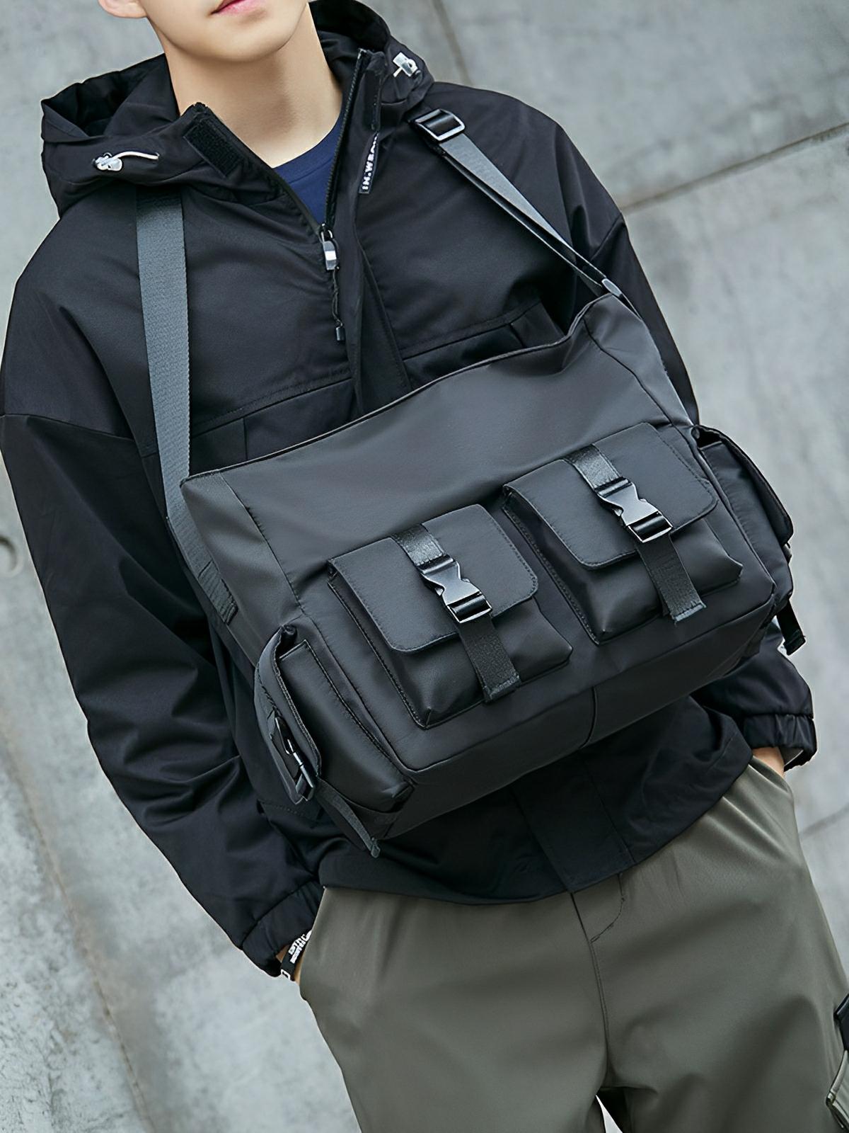 Sac bandoulière homme femme, grande capacité, poches multiples, tissu résistant, design urbain, modèle Virgil - Sacoche - Noir