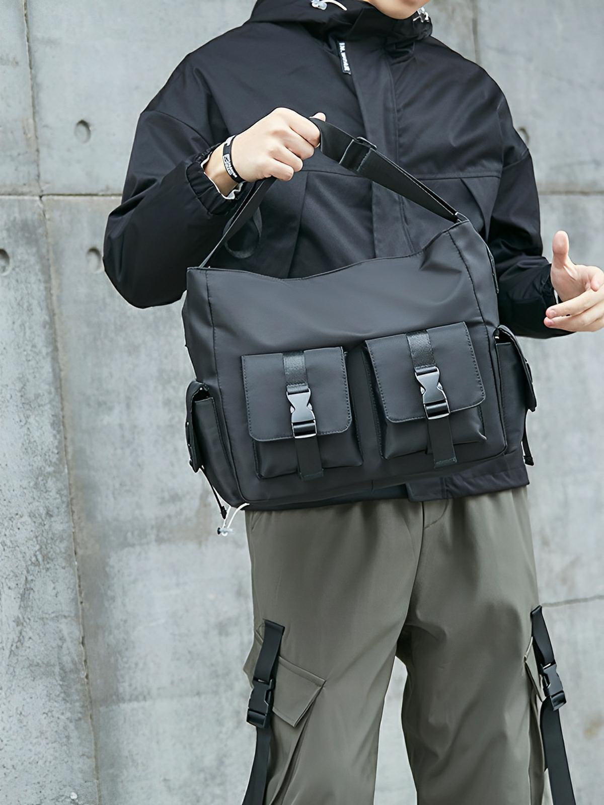 Sac bandoulière homme femme, grande capacité, poches multiples, tissu résistant, design urbain, modèle Virgil - Sacoche - Noir