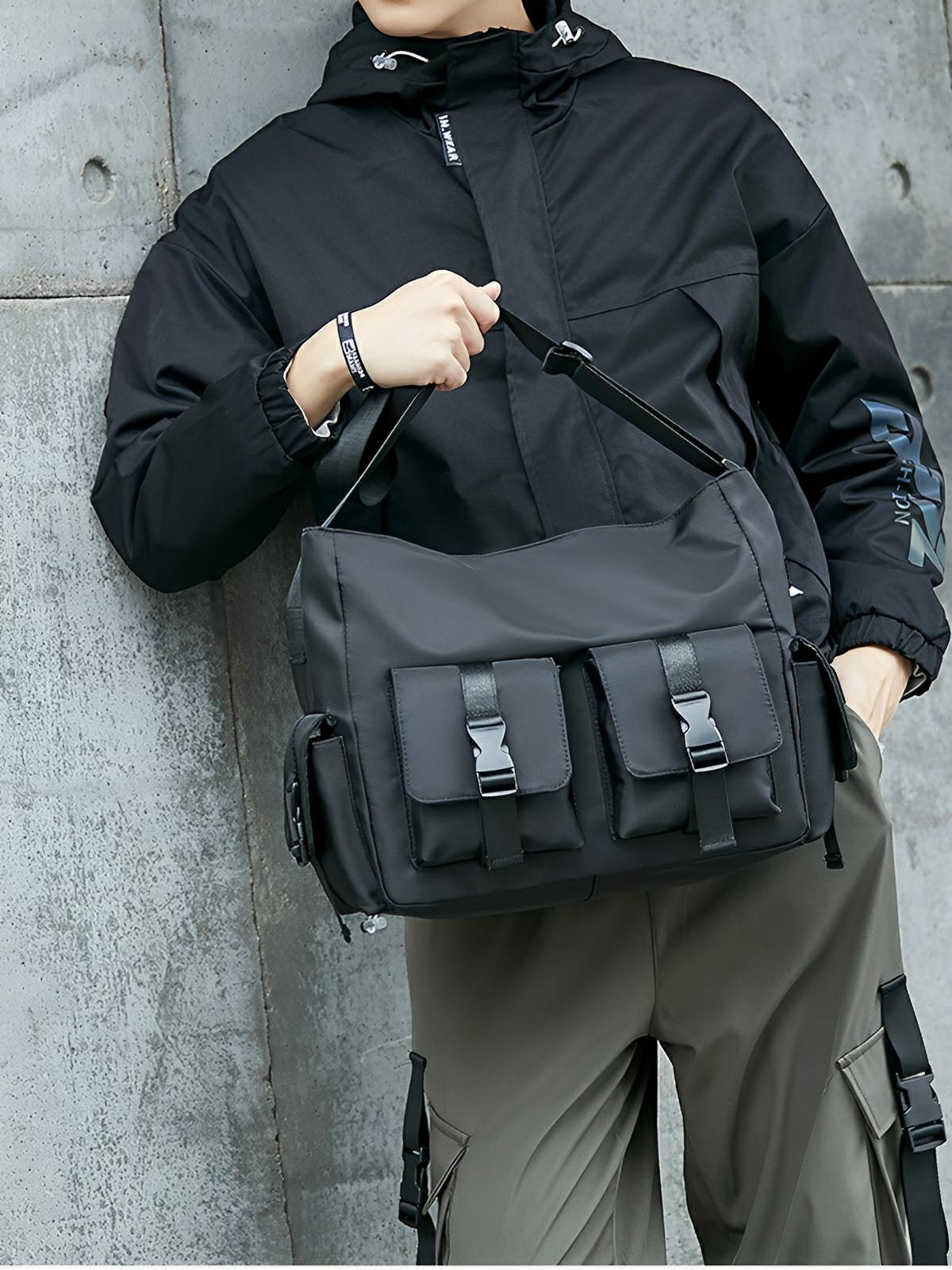 Sac bandoulière homme femme, grande capacité, poches multiples, tissu résistant, design urbain, modèle Virgil - Sacoche - Noir
