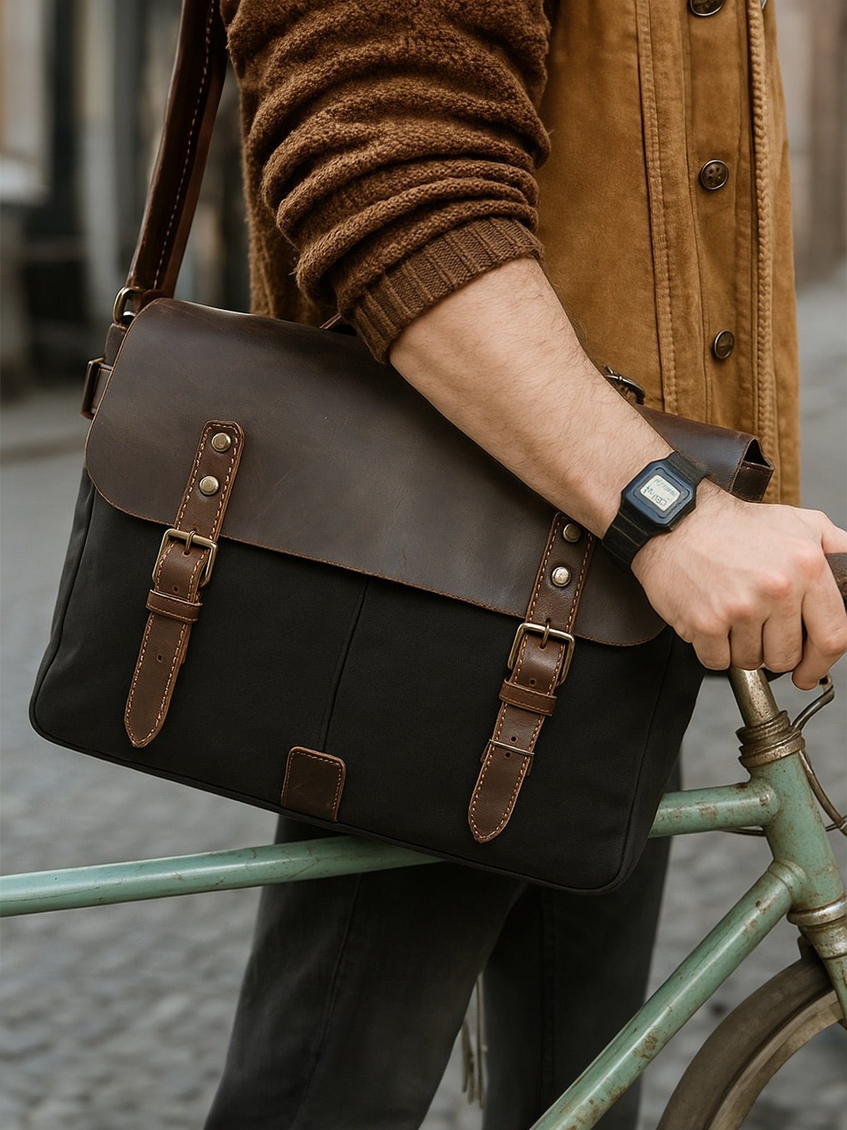 Sac bandoulière rétro, en toile cirée et cuir véritable, multi - usages, modèle Savinien - Sac Bandoulière - Noir