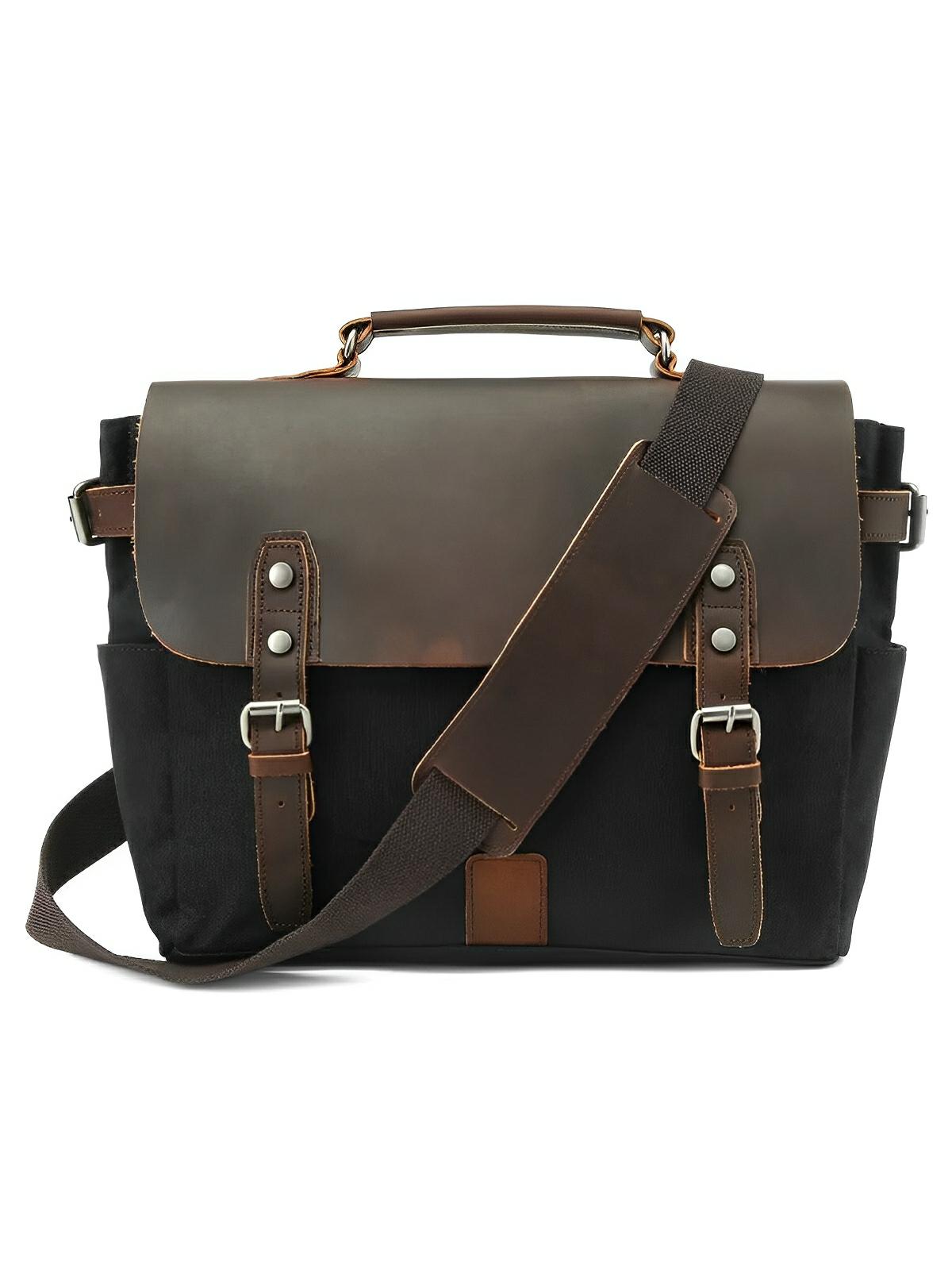 Sac bandoulière rétro, en toile cirée et cuir véritable, multi - usages, modèle Savinien - Sac Bandoulière - Noir
