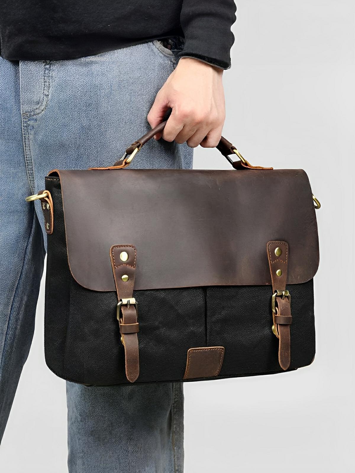Sac bandoulière rétro, en toile cirée et cuir véritable, multi - usages, modèle Savinien - Sac Bandoulière - Noir
