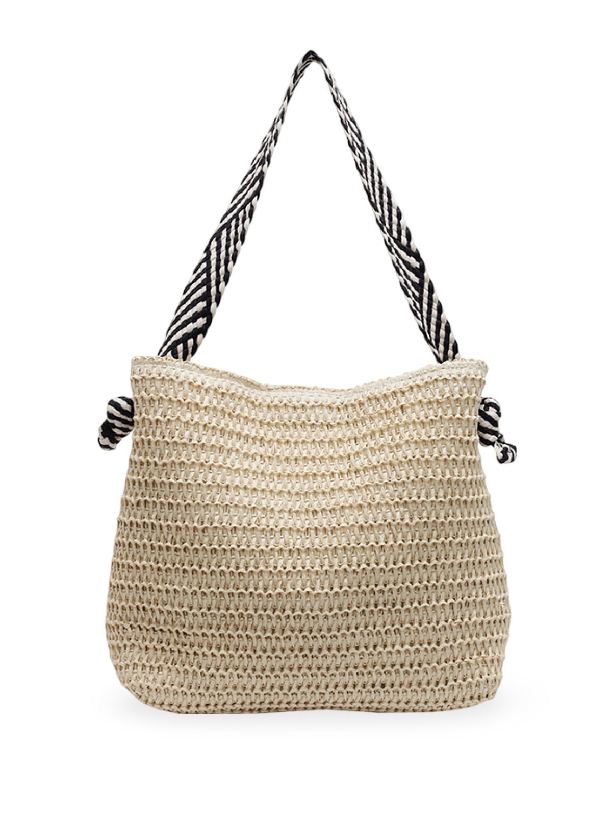 Sac de plage en raphia, anses motif zèbre, grand format, été, paille, tressé main, tote bag de mer, modèle Manon - Sac de plage - Blanc cassé