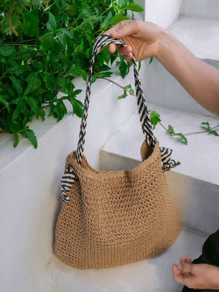 Sac de plage en raphia, anses motif zèbre, grand format, été, paille, tressé main, tote bag de mer, modèle Manon - Sac de plage - Camel
