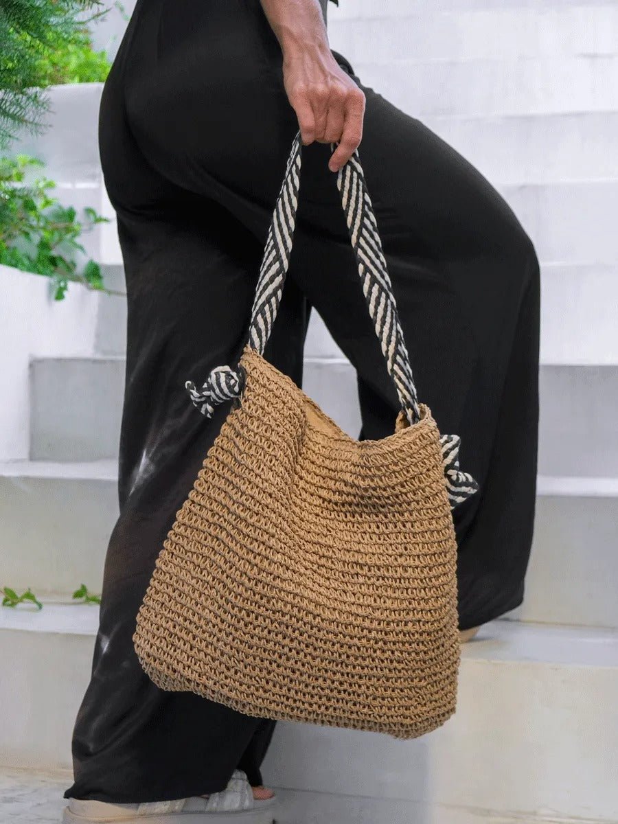 Sac de plage en raphia, anses motif zèbre, grand format, été, paille, tressé main, tote bag de mer, modèle Manon - Sac de plage - Camel