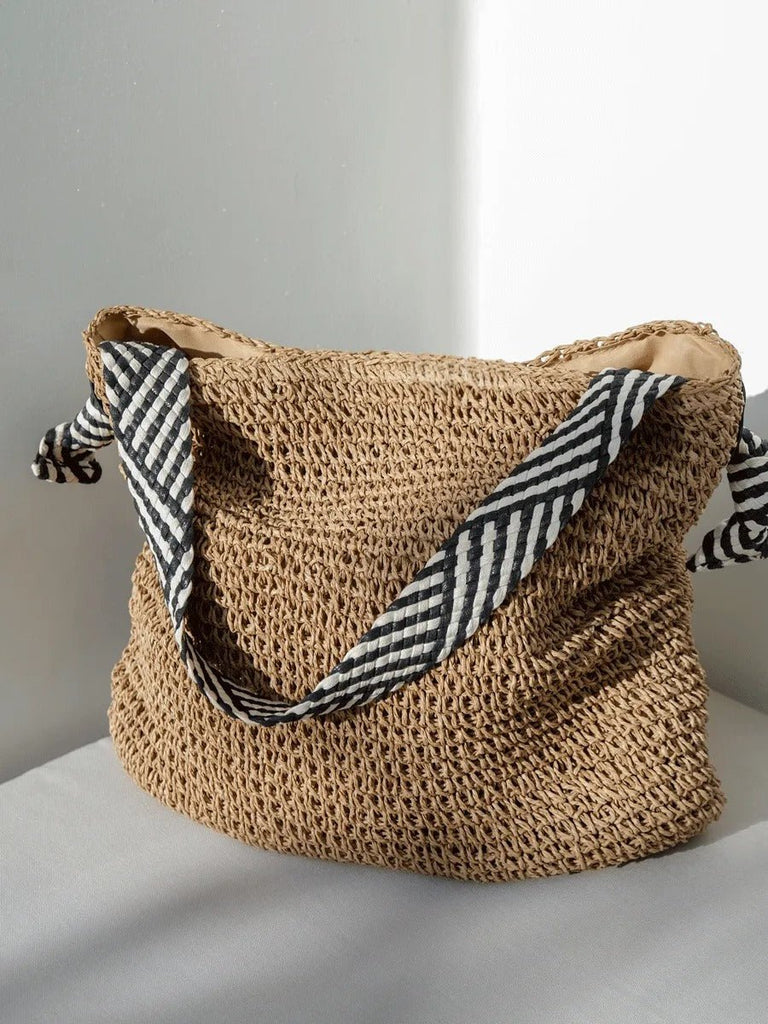 Sac de plage en raphia, anses motif zèbre, grand format, été, paille, tressé main, tote bag de mer, modèle Manon - Sac de plage - Camel