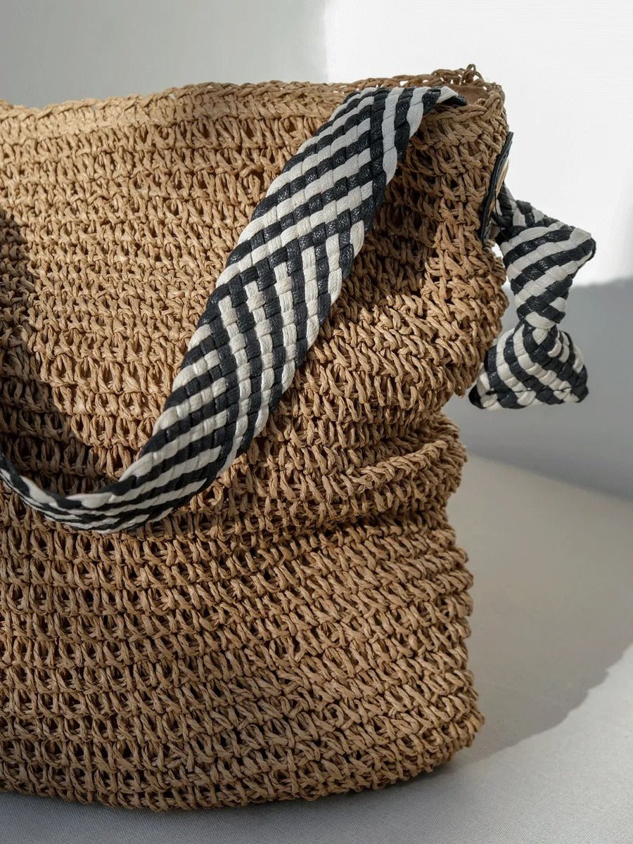 Sac de plage en raphia, anses motif zèbre, grand format, été, paille, tressé main, tote bag de mer, modèle Manon - Sac de plage - Camel