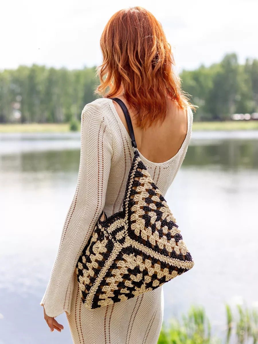 Sac de plage en raphia, bandoulière bohème, sac d'été et de vacances, tote bag tressé rétro, souple grand format, modèle Léna - Sac de plage - Noir