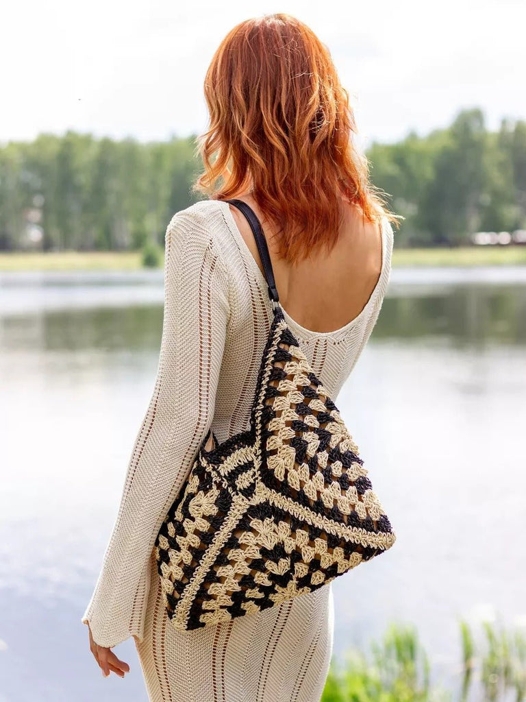Sac de plage en raphia, bandoulière bohème, sac d'été et de vacances, tote bag tressé rétro, souple grand format, modèle Léna - Sac de plage - Noir
