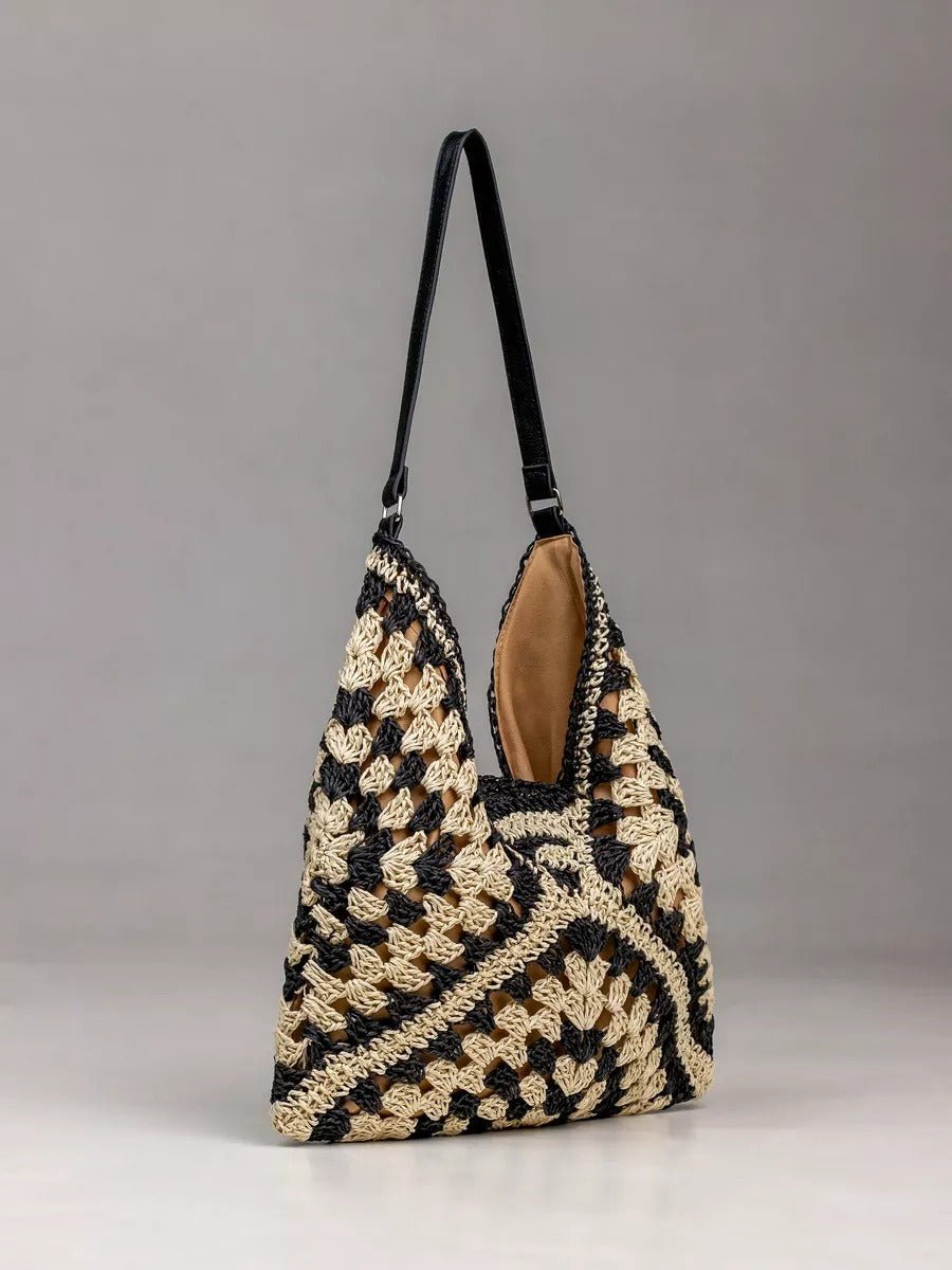 Sac de plage en raphia, bandoulière bohème, sac d'été et de vacances, tote bag tressé rétro, souple grand format, modèle Léna - Sac de plage - Noir
