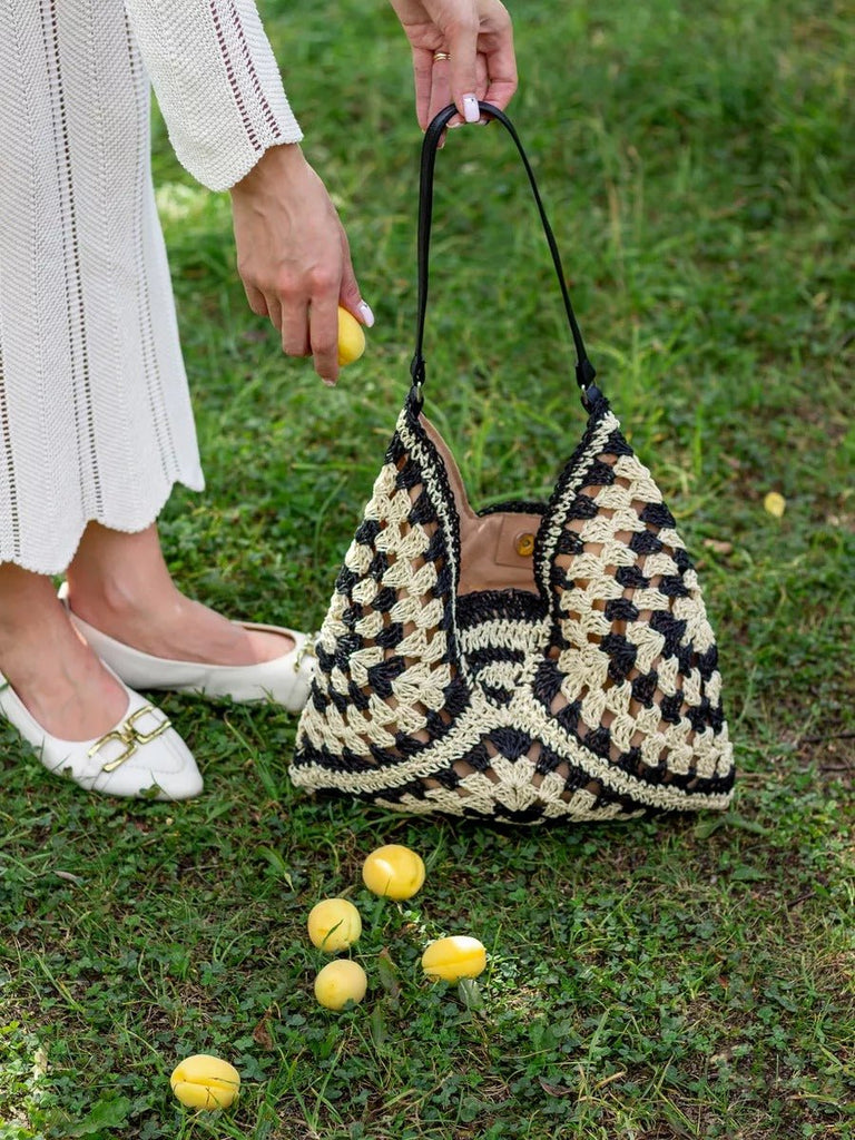 Sac de plage en raphia, bandoulière bohème, sac d'été et de vacances, tote bag tressé rétro, souple grand format, modèle Léna - Sac de plage - Noir