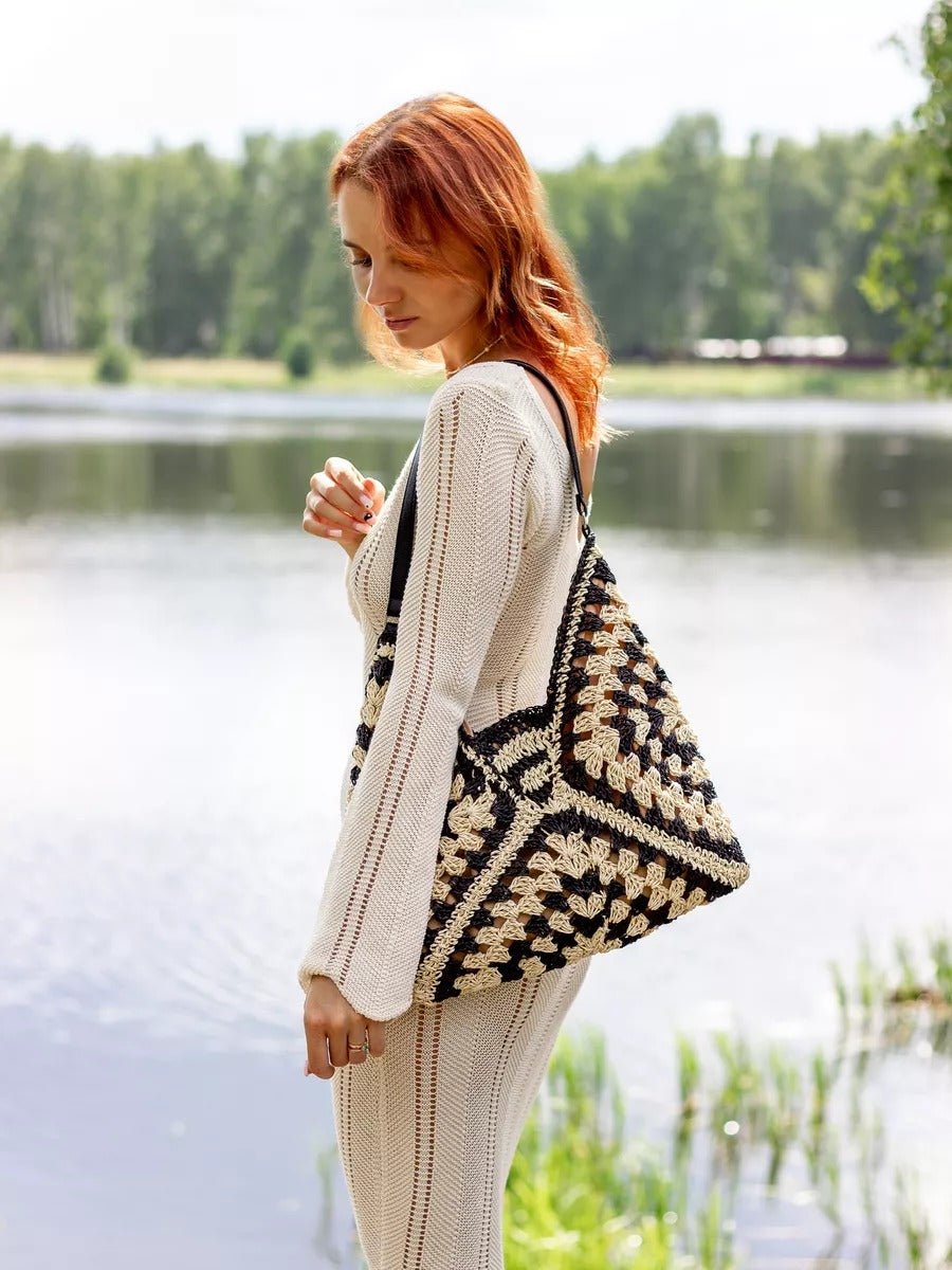 Sac de plage en raphia, bandoulière bohème, sac d'été et de vacances, tote bag tressé rétro, souple grand format, modèle Léna - Sac de plage - Noir