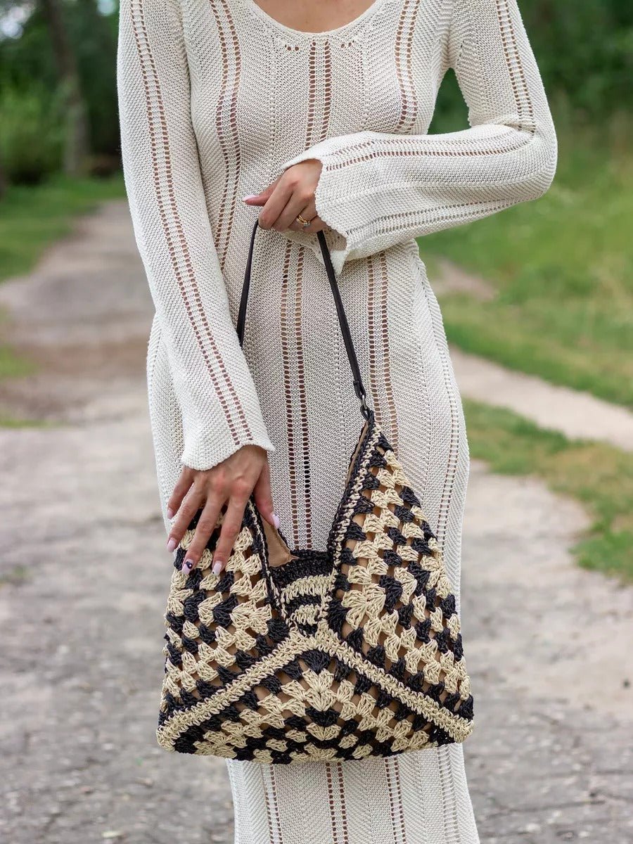Sac de plage en raphia, bandoulière bohème, sac d'été et de vacances, tote bag tressé rétro, souple grand format, modèle Léna - Sac de plage - Noir