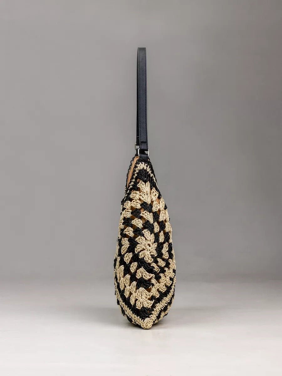 Sac de plage en raphia, bandoulière bohème, sac d'été et de vacances, tote bag tressé rétro, souple grand format, modèle Léna - Sac de plage - Noir